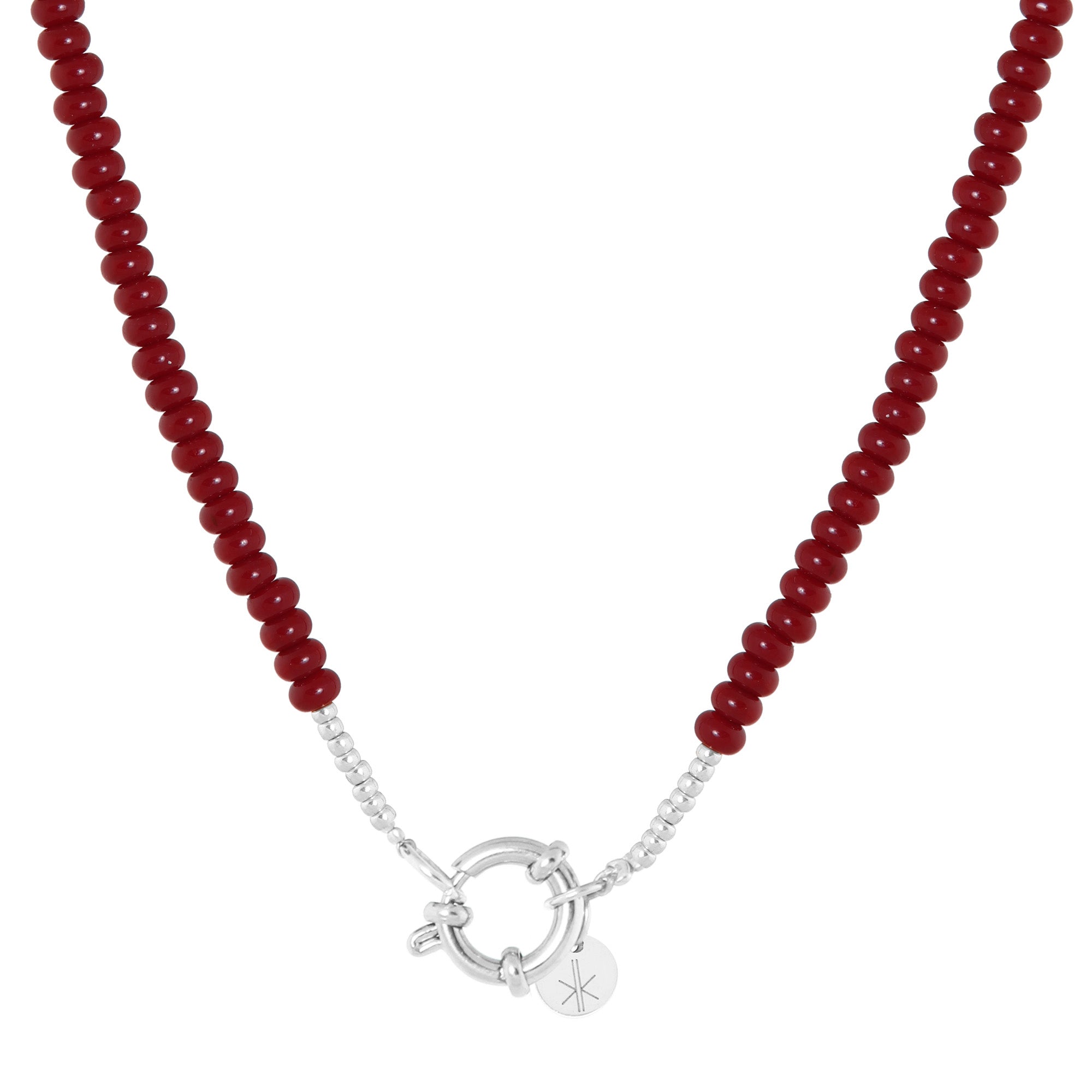 Burgundy small beads necklace silver